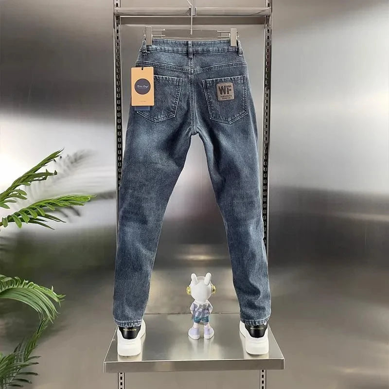 Thick Jeans Men's Slim Fit Spring Autumn Winter Casual Long Pants Cotton Stretch Denim mid Waist Zipper Closure Wear Resistant