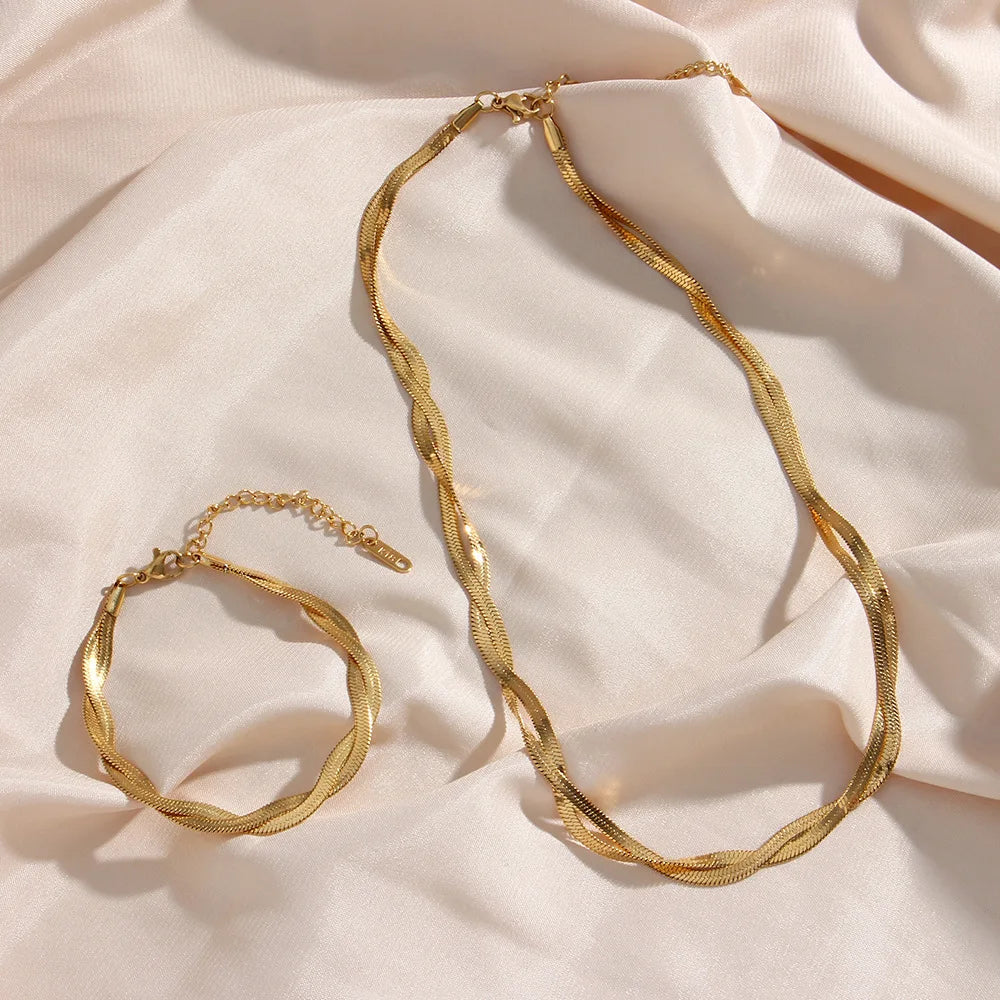 Gold Plated Waterproof Braided New Herringbone Chain Necklace Bracelets Set Wholesale Stainless Steel Jewelry For Women