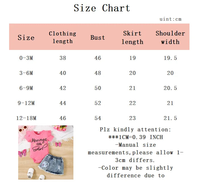 Newborn Baby Set - Mom's Girl Letter Printed jumpsuit+Cowboy Skirt 2Pcs/ Set Suitable for Cute Baby Girls 0-18 Months Summer Set
