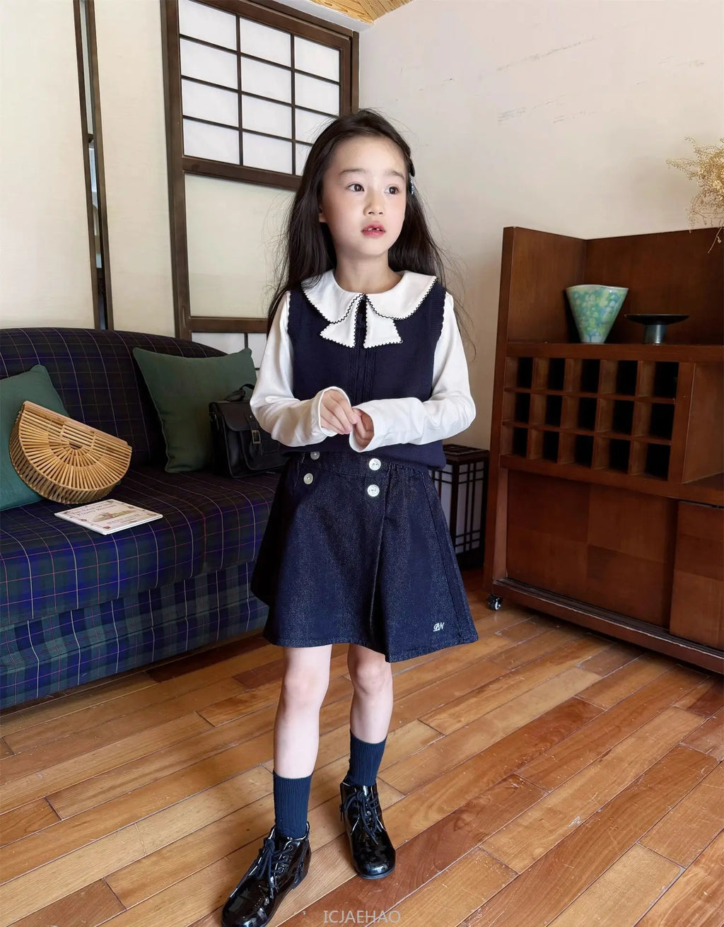 Teen Girl Clothes Children  Waist Shell Button Denim Skirt and Top Kids Versatile Casual Outfits Costumes Vintage Girls Elastic