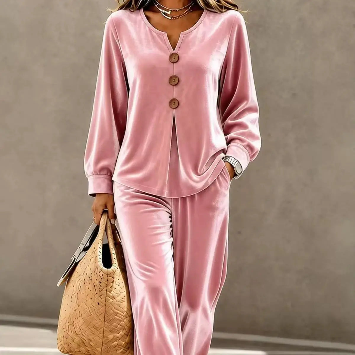 Women 2 Piece Outfit V Neck Button Decor Long Lantern Sleeve Top Wide Leg Pants Casual Fall Winter Matching Set With Pockets