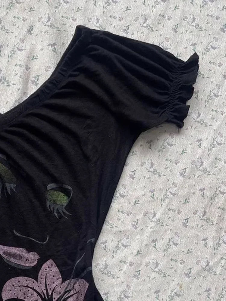 Sexy Punk Vintage Women Clothes Y2k Summer 90s Gothic Flower Casual Gaphic T Shirts Femme Short sleeve Streetwear Slim Tops Tees