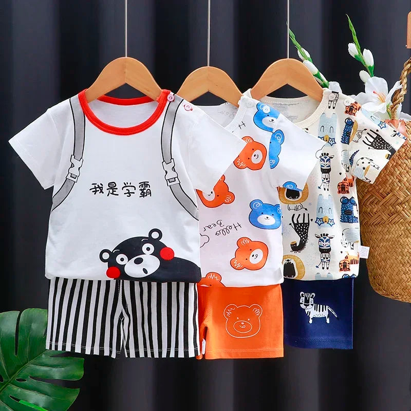 Cartoon Printed Clothing Pure Cotton Home Clothes 2 Piece Suits Toddler Fashion Cute Casual Tracksuits Contrast T-shirt+Shorts