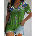 2025 Hot Selling Europe America Women's T-shirt Summer Bohemian Printed V-neck Short Sleeve Loose Casual Vacation Daily Top
