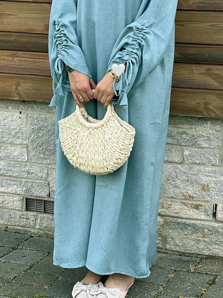 Vestidos Muslim Women Dubai Abaya Drawstring Sleeve Long Dress Kaftan Solid Modest Ramadan Robe Plus Size Femme Islamic Clothing