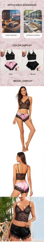 2025 Summer 2 Pcs Women's New Sexy Lace See-Through Pajamas Black