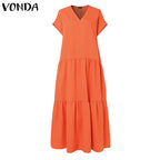 Plus Size VONDA Women Bohemian Dress 2025 Summer Sundress Solid Color Casual Short Sleeve Party Ruffled Vestidos V-Neck Robe