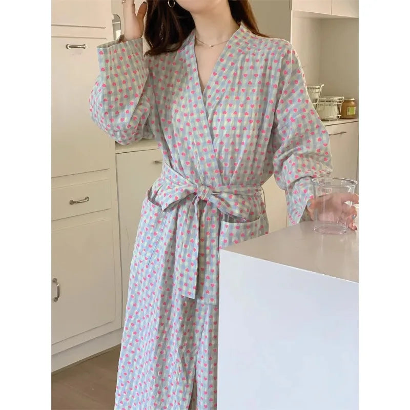 Women's Robe Bathrobe Bathing Love Plaid Loose Long Sleeve Long Kimono Pajamas V-neck Lace Up Trousers Nightgow Sexy Ladies Girl