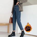 Velvet Thickened New Jeans Female Straight Pants Loose 2023 Winter Korean High-waisted Outside Wearing Warm Harun Pants