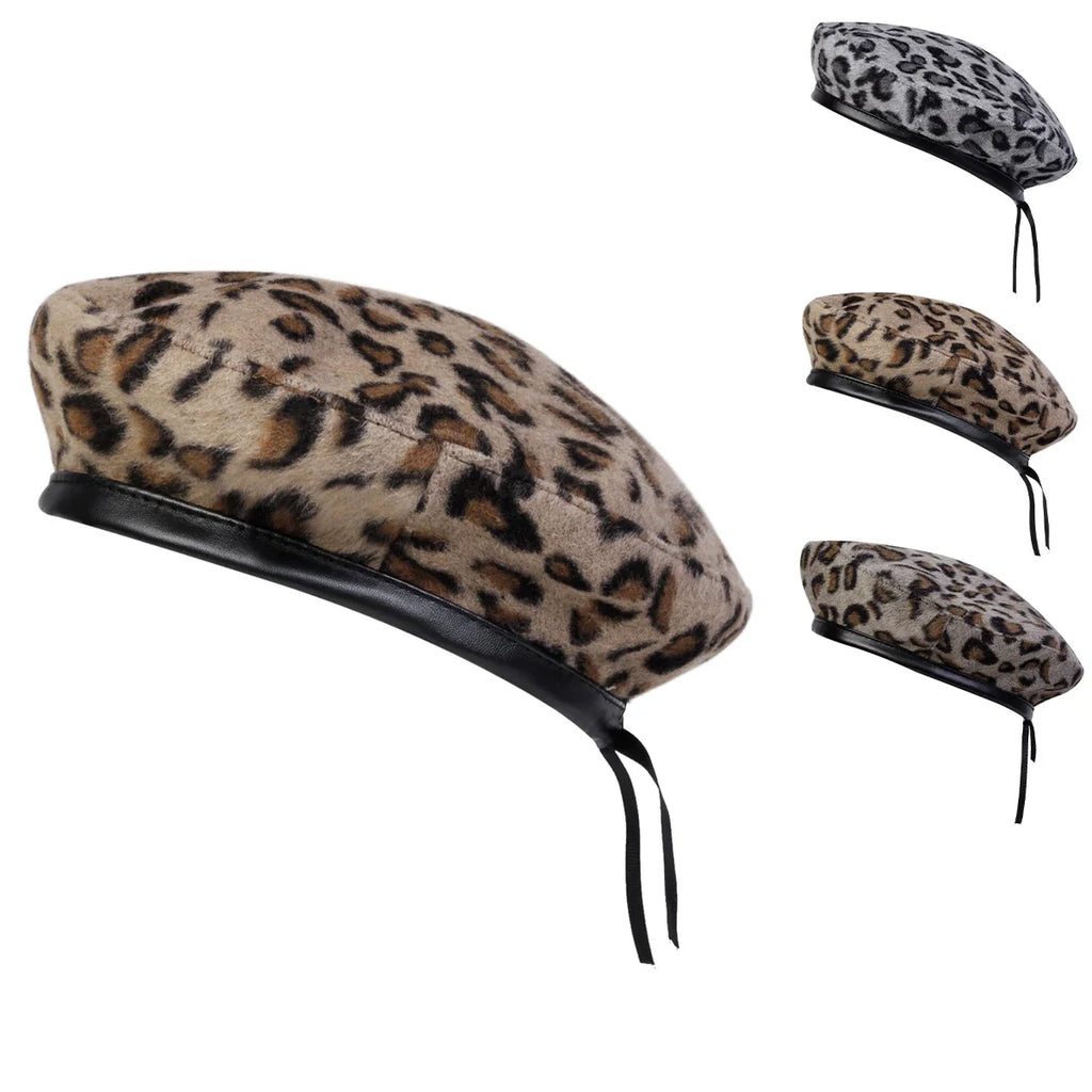 Unisex Fur Leopard Print Beret Men and Women Painters Hats Autumn Winter Warm Berets Flat Caps