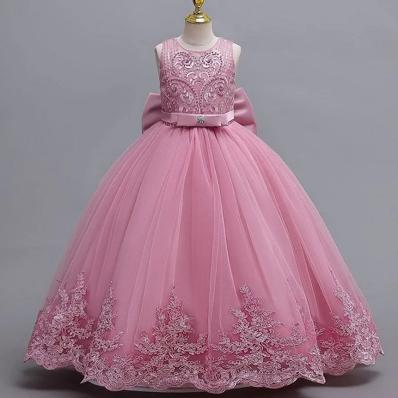 2024 New 4-12 Year Old Robe Princess Dress Flower Girl Wedding Dress Fashionable Party Dress Lace Mesh Elegant Girls' Clothing