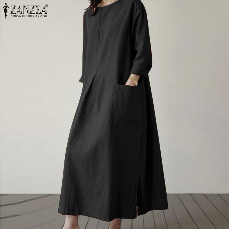 2024 ZANZEA Fashion Summer Vintage Women Solid 3/4 Sleeve Sundress Baggy Loose Casual Dress Oversize Vestidos Kaftan Robe Femme