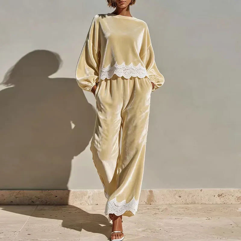 Round Neck Velvet Set Women Balloon Long Sleeve Scallop Lace Hem Top & Wide Leg Pants Suit Elegant Casual Holiday 2 Piece Outfit
