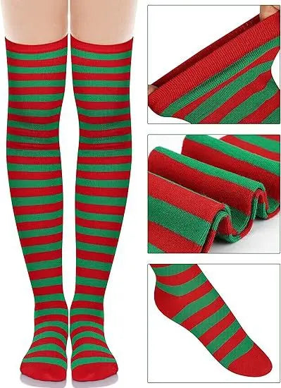 Women's Christmas Costume Set Santa Claus Outfit Velvet Dress With Striped Thigh-High Socks and Elf Hat