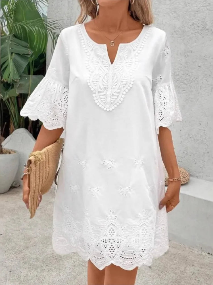 Fashion Casual Lace V-neck Short Sleeve Dress New Hollow Out Elegant Casual White Office Holiday Party Dresses Robe Femme Summer
