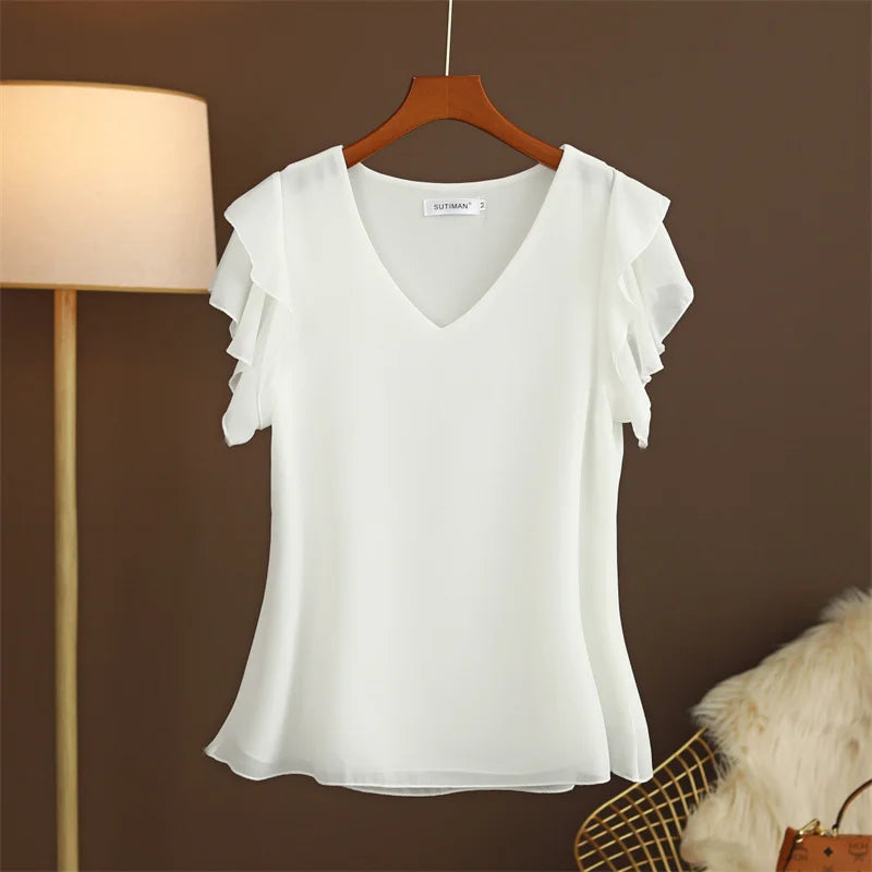 2026 Fashion Summer Dress Women Blouse Top New Short Sleeved V-neck Chiffon T-shirt Women's Loose and Versatile Small Shirt