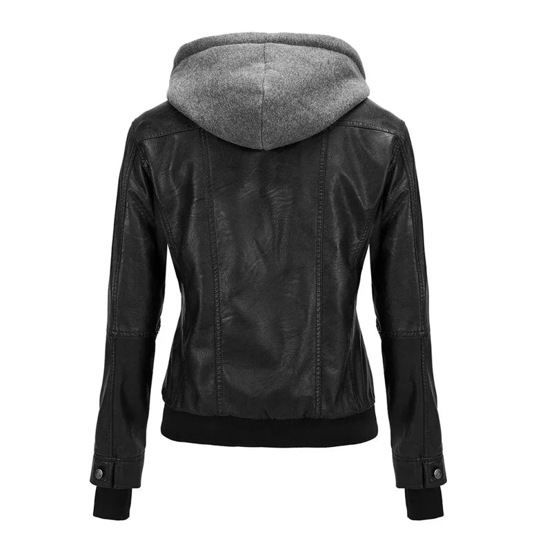 Veste Moto Femme Cuir PU – Capuche Amovible Slim Noir Streetwear