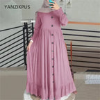 Retro Loose Large Round Neck Ruffle Dress, Arab Robe, Cotton and Hemp