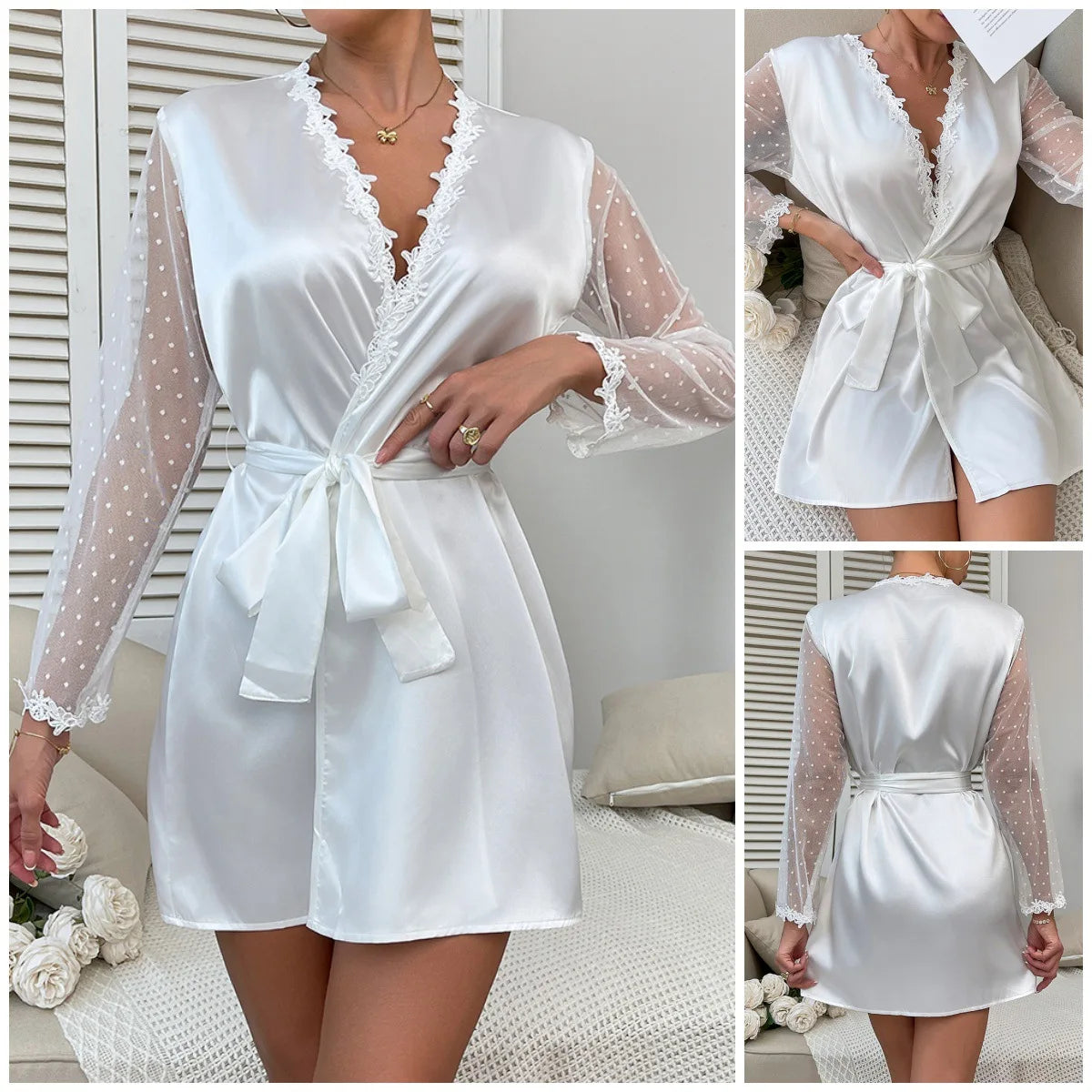 Sexy Fashion Women's White Polka Dot Robe  V-Neck Lace Trim Belted Mesh Sleeves Nightgown Lazy Style Loungewear for Home