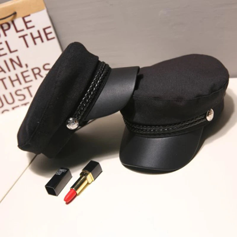 Fashion Vintage Beret Unisex PU Leather Caps Spring Autumn Sailor Hats for Women Men Black Flat Top Captain Cap Travel Cadet Hat