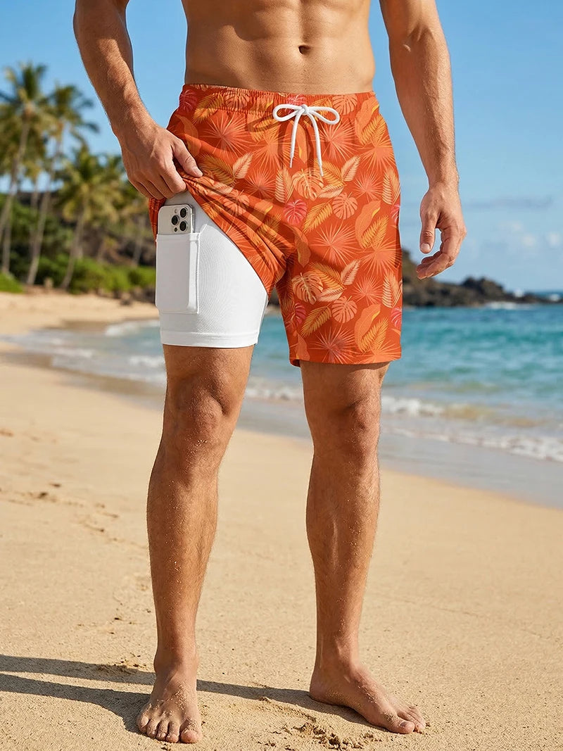 3D Print 2 in 1 Mens Swim Trunks Summer Quick Dry Beach Shorts with Phone Pocket Swimwear Swimsuit Bathing Suit  Board Shorts