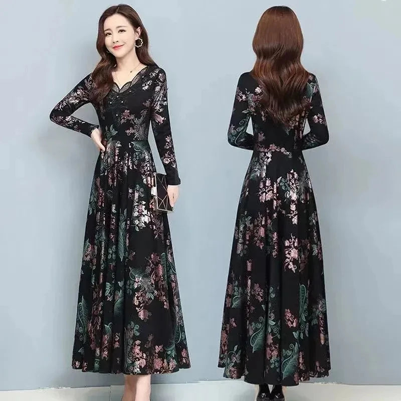 Spring Autumn New Women Dress Elegant Temperament Long A-Line Dress High End Fashion Lace Printed Beading Dresses Vestidos Mujer