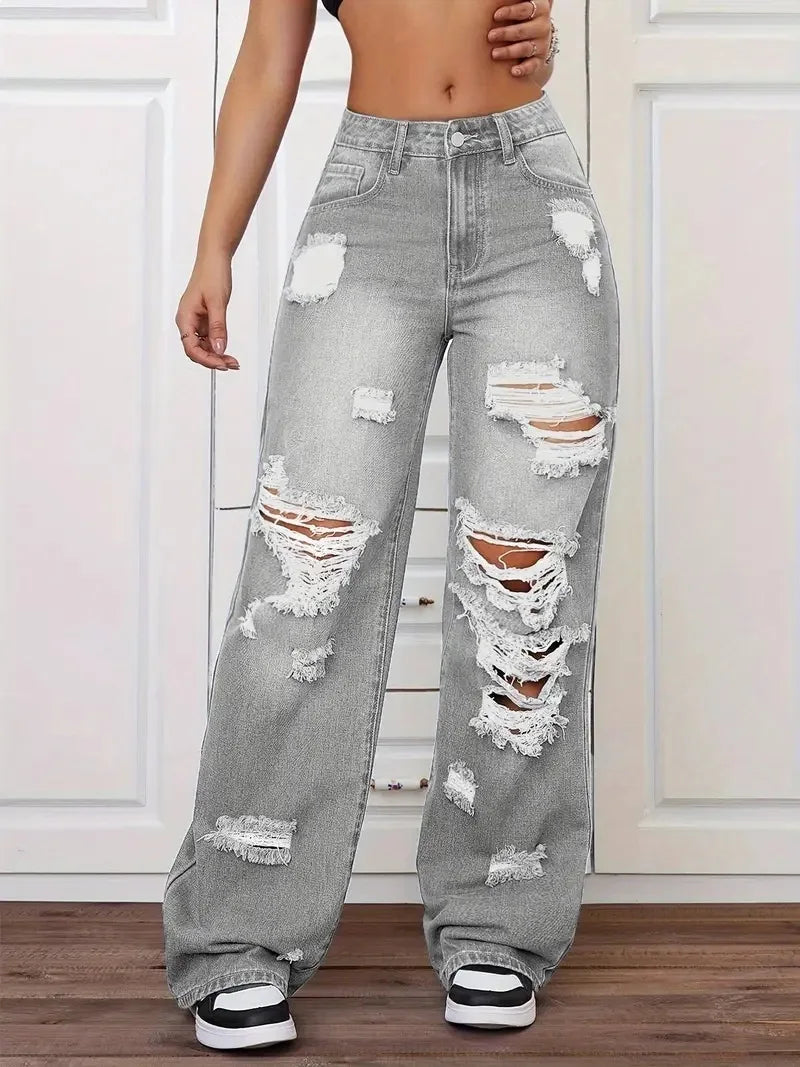 Jean femme taille haute déchiré – Coupe wide leg streetwear