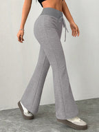 Pantalon évasé femme gris – Taille à cordon