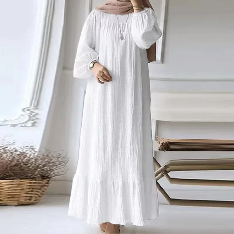 Robe Women's Spring Autumn New Fashion Bubble Sleeves Retro Comfortable Casual Breathable Pocket Ruffle Hem Knee High Dress