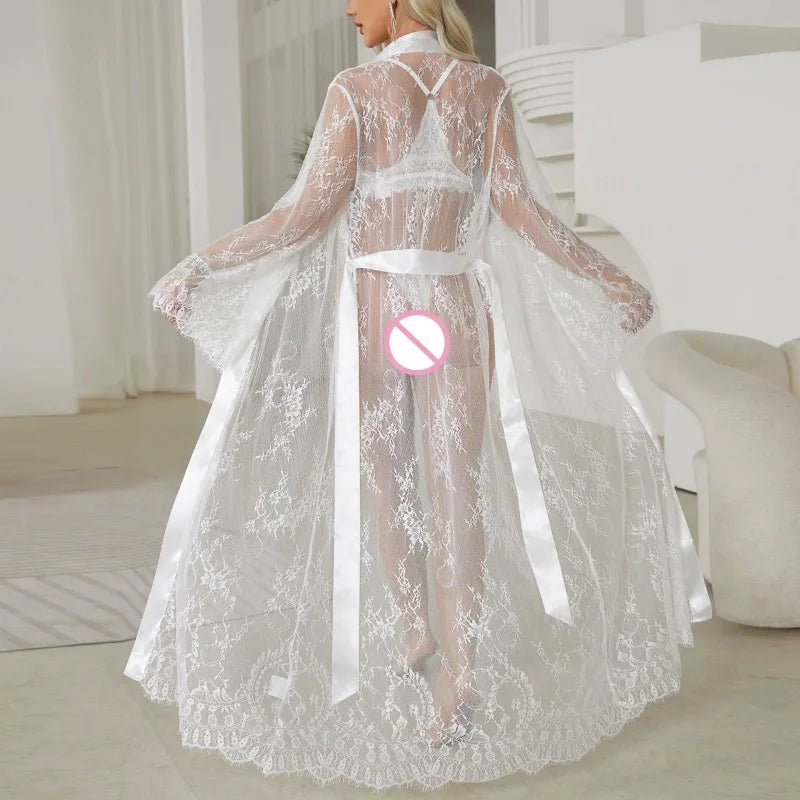Women's Sheer Lace Robe Sexy See Through Nightgown with Jacquard Lace Floral Trim Satin Lounge Dress for Kimono Robe Home Wear