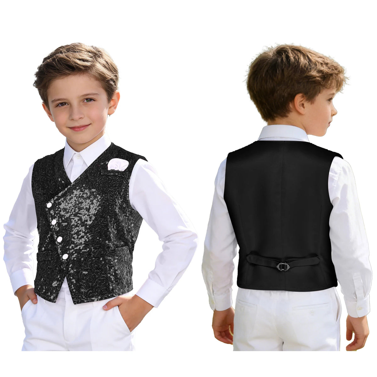 Kids Boys Glittery Sequin Waistcoat Fashion Childs Button-down Vest Tank Top for Birthday Party Prom Dance Wedding Costume Vests