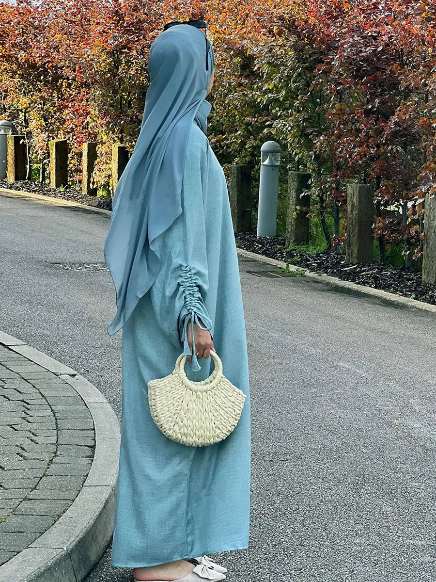 Vestidos Muslim Women Dubai Abaya Drawstring Sleeve Long Dress Kaftan Solid Modest Ramadan Robe Plus Size Femme Islamic Clothing