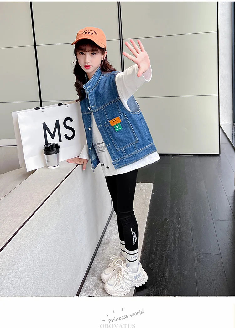 New Fashion Kids Girl Denim Vest Wasitcoat with Smile Face Outerwear Vintage Blue Children Casual Sleeveless Denim Jacket Outfit