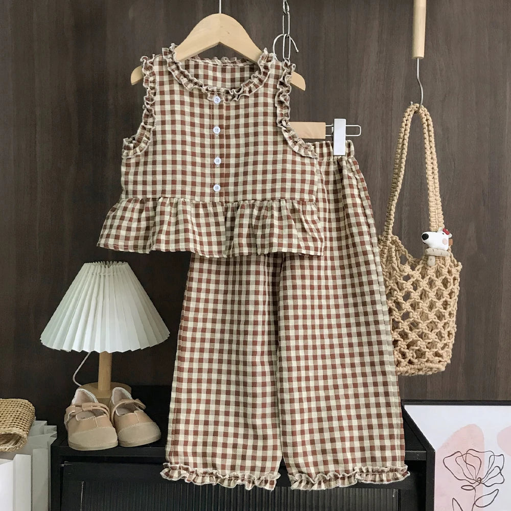 Korean Version 2-10 Year Old Girls and Teenagers Casual Suit with Checkered Lace Single Breasted Top and Pants Two-piece Set