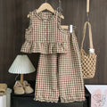 Korean Version 2-10 Year Old Girls and Teenagers Casual Suit with Checkered Lace Single Breasted Top and Pants Two-piece Set