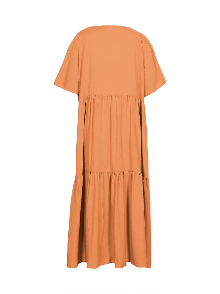 plus Size Women's Casual Loose V-Neck Solid Long Dress Spring Summer Pleated Big Size Women's Dress