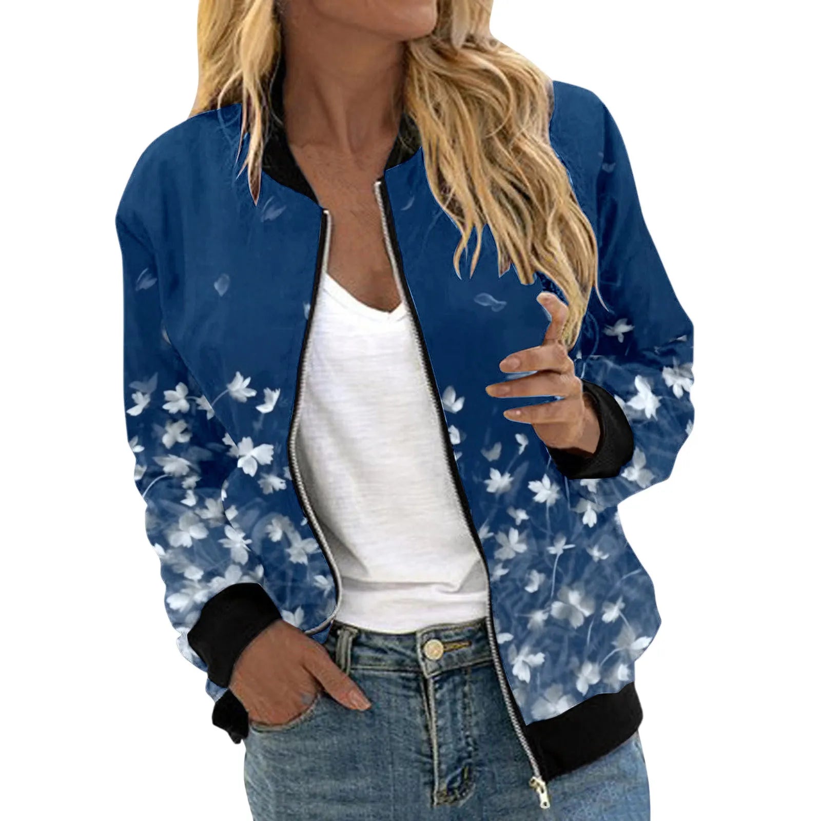 Veste Bomber Femme Imprimé Floral – Courte Zipée Casual Automne Hiver