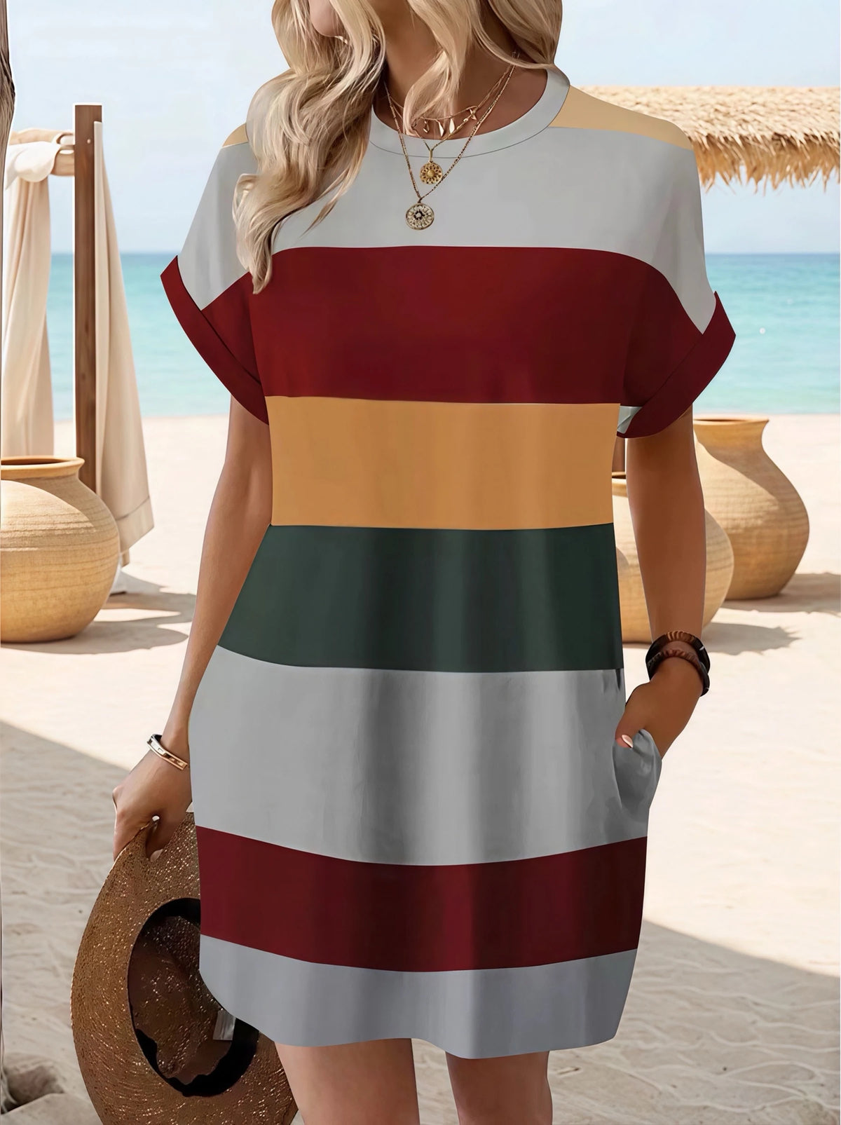 Chic Plus Size Dress: Elegant Stripes, Roll-Up Sleeves, Pockets - Comfortable & Casual Women's Dress