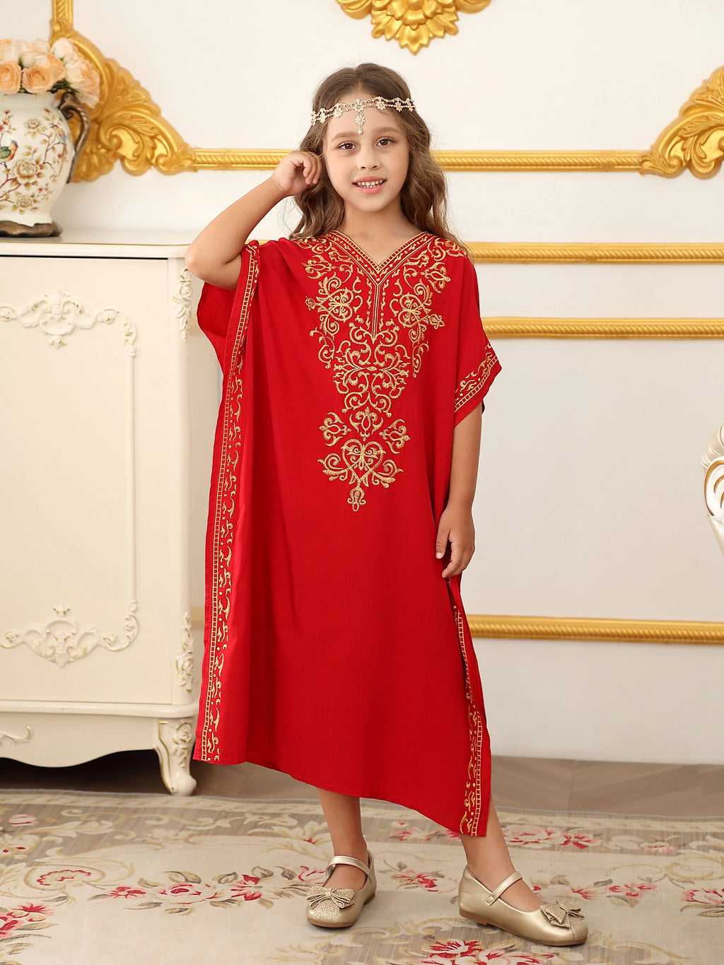 Children's Moroccan Robe Dress Girls Loose Casual Robe Embroidered Blouse Home Robe