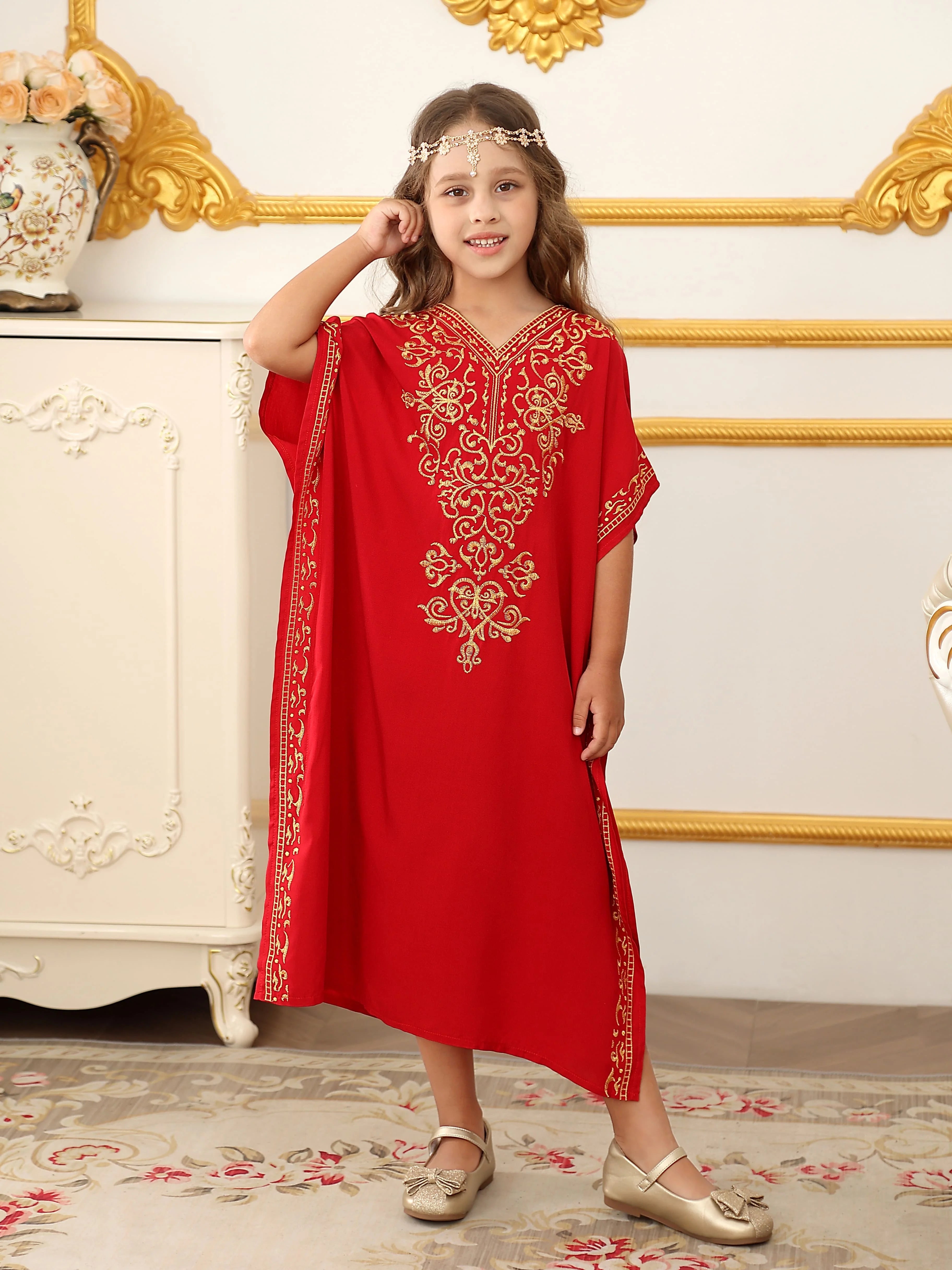 Children's Moroccan Robe Dress Girls Loose Casual Robe Embroidered Blouse Home Robe