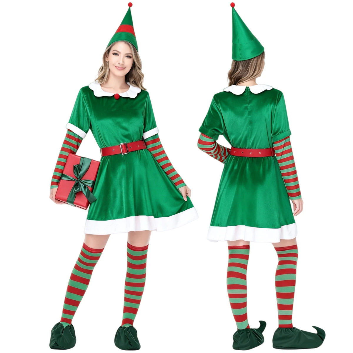Women Christmas Elf Costume Velvet Elf Dress with Hat Belt Striped Sleeves Socks Elf Xmas Holiday Dress Outfit for Christmas