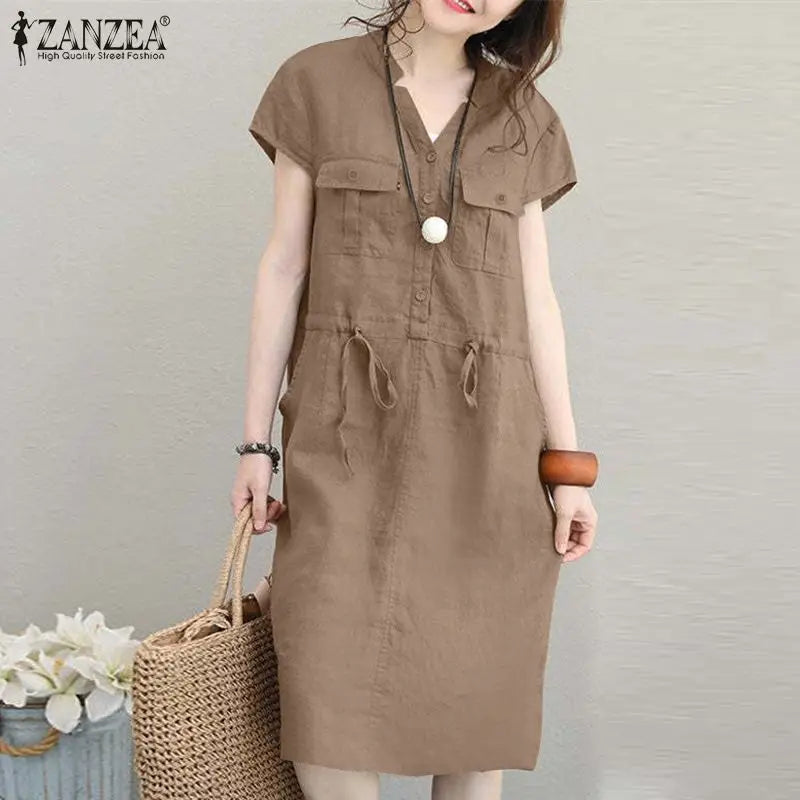 Summer Fashion Short Sleeve Dress ZANZEA Women Casual Drawstring Waist Vestidos Knee-length Robe Femme Elegant OL Work Sundress