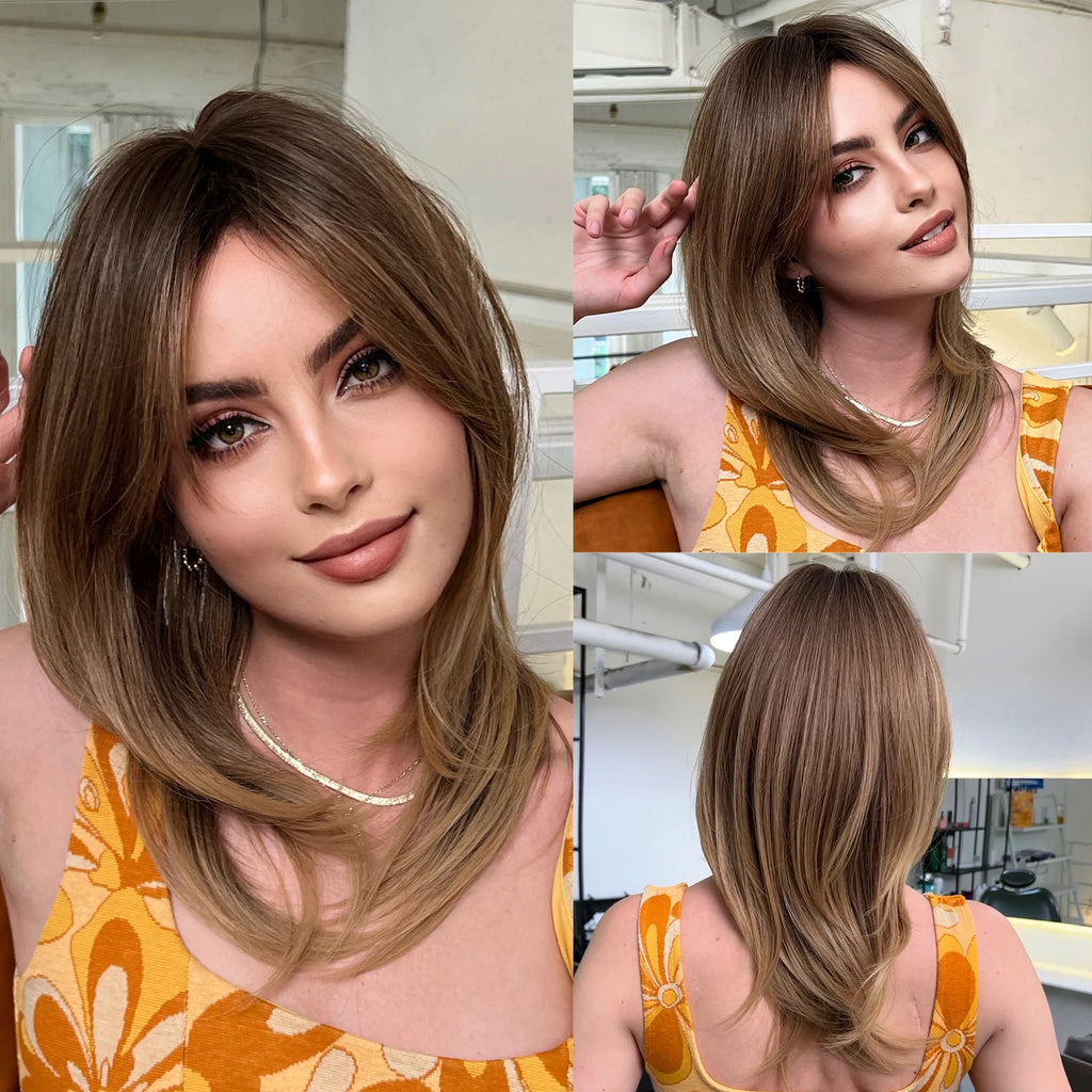 LOUIS FERRE Short Blonde Highlight Brown Bobo Wigs For Women Daily Cosplay Natural Straight Wig High Temperature Synthetic Wigs