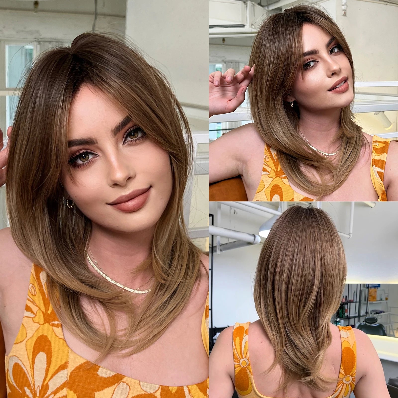 LOUIS FERRE Short Blonde Highlight Brown Bobo Wigs For Women Daily Cosplay Natural Straight Wig High Temperature Synthetic Wigs