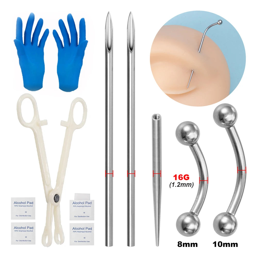 Body Piercing Kit Surgical Steel Threaded Taper Pin Needles Lip Nose Tongue Cartilage Eyebrow Navel Piercing Jewelry Tool Pliers
