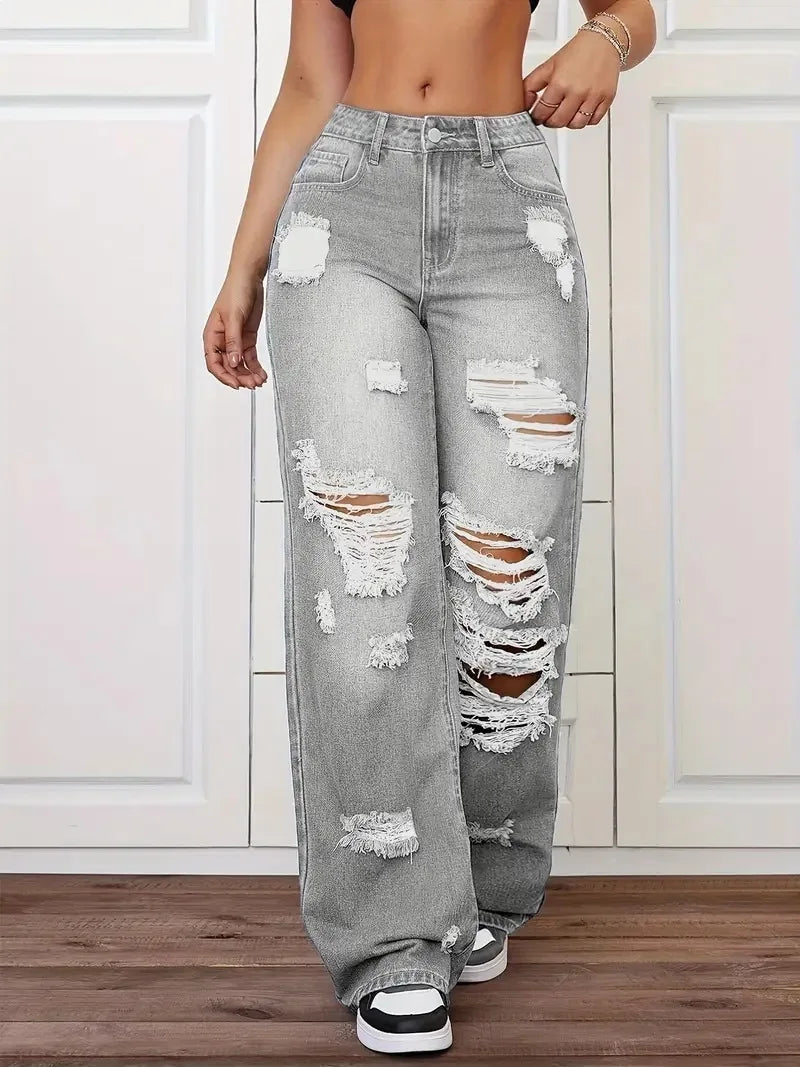 Jean femme taille haute déchiré – Coupe wide leg streetwear