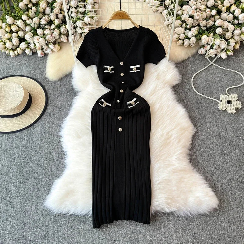 Elegant Knitted Long Dress Women Summer V Neck Single Breatsed Short Sleelve Bodycon Dresses Fashion Party Office Lady Vestidos