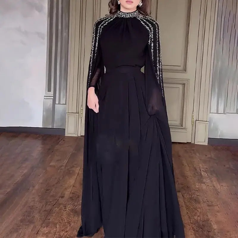 Women Robe Dress Hot Drills Long Shawl Sleeves Chiffon Party Middle East Big Swing Lady Elegant Banquet New Maxi Clothing