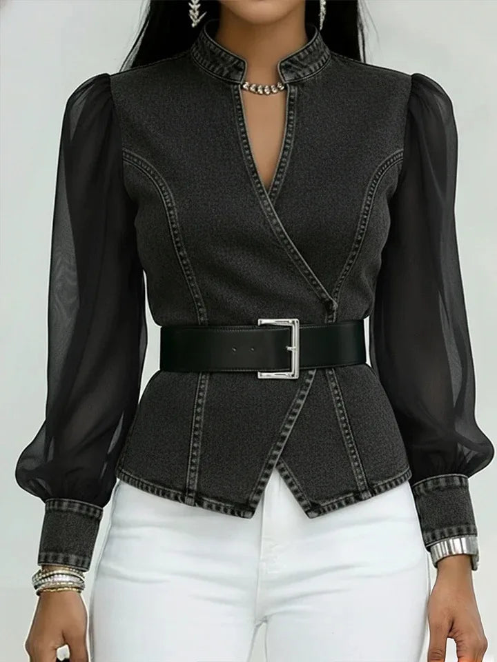 2026 New Women's Denim Express Summer and Autumn New V-Neck Lace Long Sleeve Top