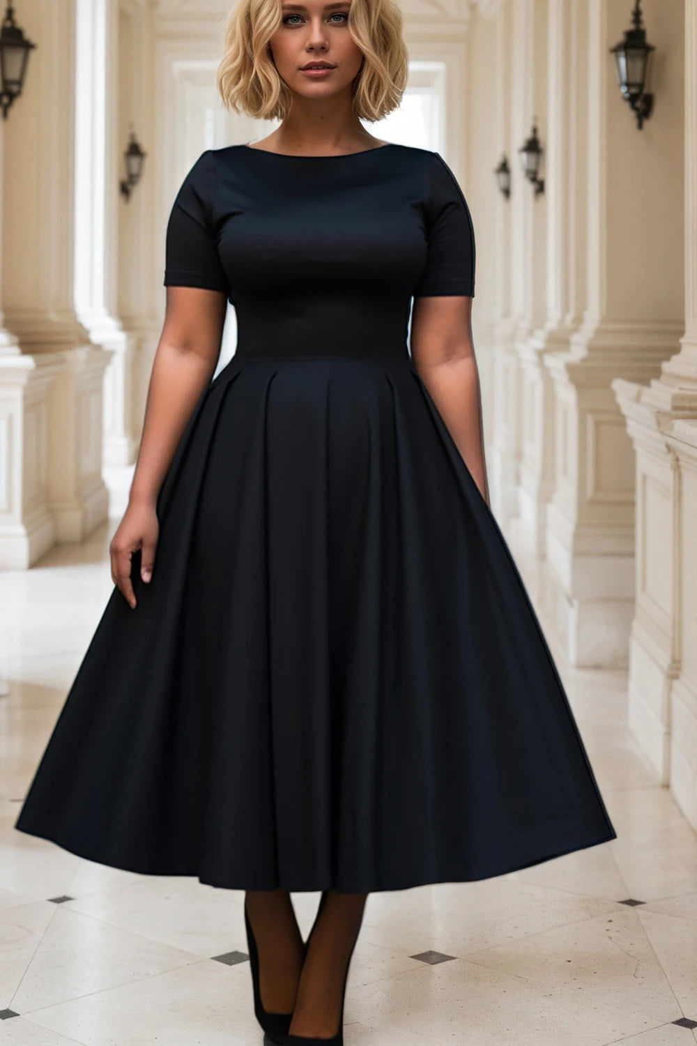 Women Plus Size Black Dress Short Sleeve Summer Casual Pleated A-Line Basic Long Dress Round Neck Fashion Evening Party Dresses